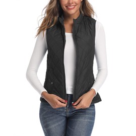 LONGKING Black Women's Vest, Stand Collar Lightweight Zip Quilted Vest for Women L