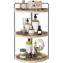 TOMNK Corner Bathroom Counter Organizer, 3 Tier Rustic Bathroom Organizer, Wood Countertop Storage Tray for Vanity, Kitchen, Bedroom (Light Brown)