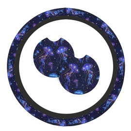 Watercolor Jellyfish Steering Wheel Cover with 2 Car Coasters Non Slip Neoprene for Women Men Universal 15 Inch Stylish and Practical Set