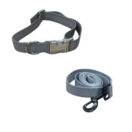 BravoWalk Basic Dog Collar and Leash Bundle Made Out of Durable Nylon with Reflective Stitching, and Metal D Ring. (Gray)