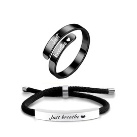 phaxud Just Breathe Ring Bracelet Set for Women,Stainless Steel Anxiety meditation Jewelry Inspirational & Heart felt Gift