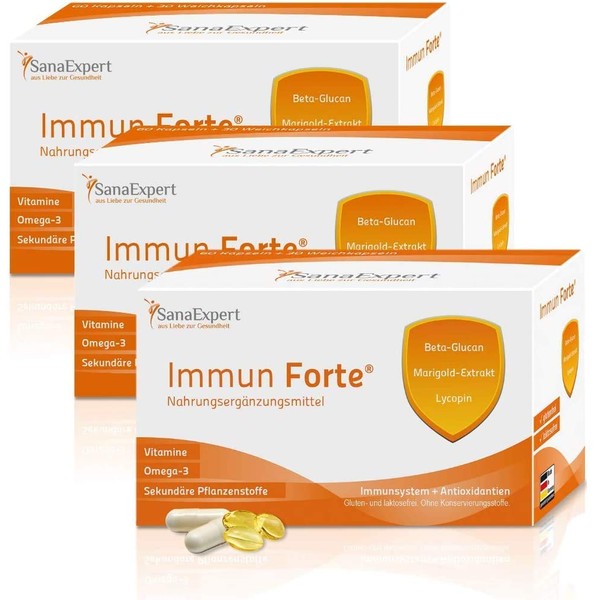 SanaExpert Immune Forte, Vitamins and Minerals for the Immune System, Omega-3 Fatty Acids, Beta Glucan, Marigold Extract, Lycopene and Lutein, 1 Month Pack of 90 Capsules (69g) (3)