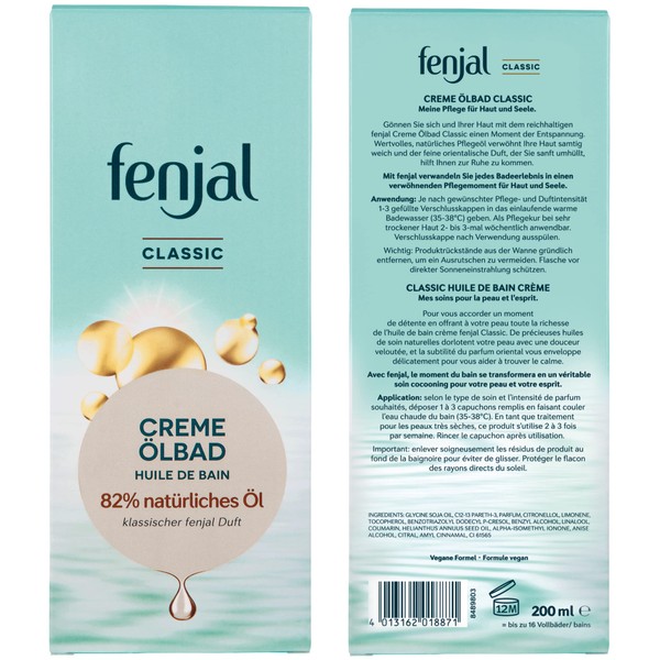 fenjal Creme Oil Bath Classic Skin Care Oil Bath with High-Quality Vegetable Oils, Moisturising, Relaxing and Soothing Dry and Sensitive Skin, Aroma Oil Bath, Vegan, 20
