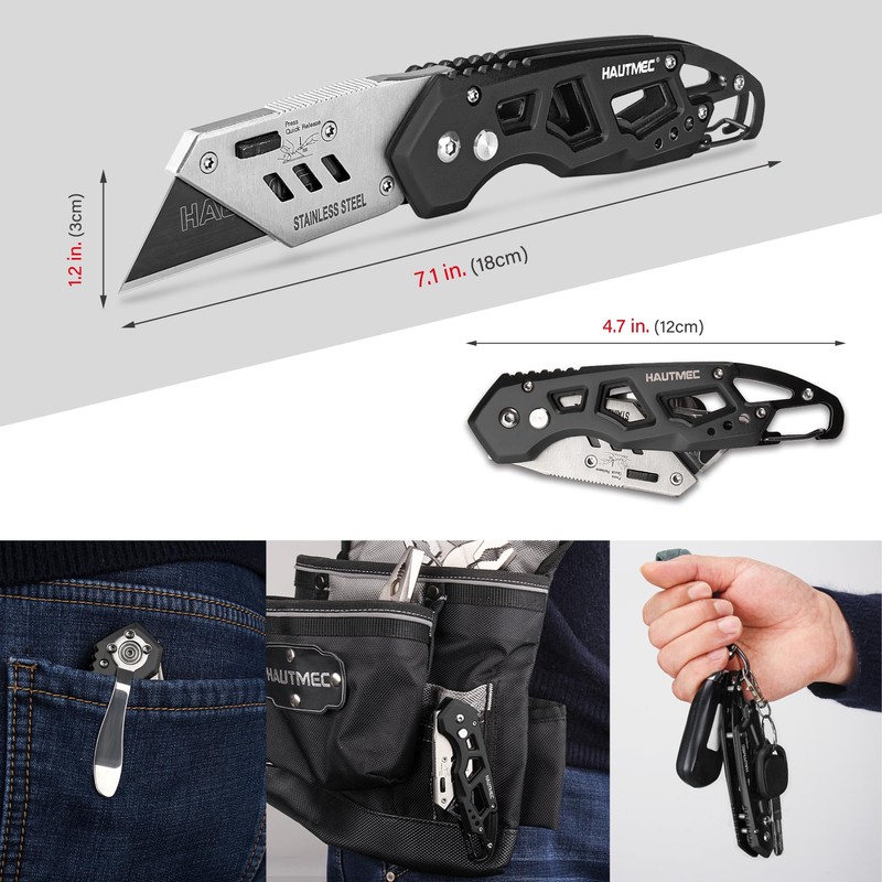 HAUTMEC Folding Utility Knife with 10-Pack SK2H Blades, Heavy-Duty Aluminum