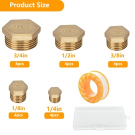WISIRENT Pack of 20 Blanking Plugs Water Pipe Male Thread 1/8 1/4 3/8 1/2 3/4 Inch, Brass Plug with Storage Box, Blind Plug, Water Pipe Cap, Brass Cap for Water Pipe