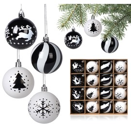 Christmas Baubles Plastic, 16er Christmas Baubles Christmas Decoration, Christmas Tree Decoration Pendant Reusable Tree Decoration, Black and White Ø 6cm