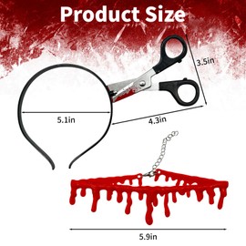 WINUSD - Juego de 2 diademas de cuchillos falsos de Halloween, collar de sangre falsa de vampiro y diadema de tijera falsa, accesorios de zombi de Halloween