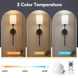NIORSUN 24 inch Battery Operated Wall Sconce Set of 2, Black Wireless Rechargeable Wall Lights with 5200mAh Dimmable Detachable Bulbs and Remote, 9 Colors Sconces Wall Decor for Bedroom Living Room