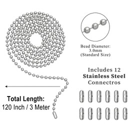 DLHMBOQ 120" Ceiling Fan Pull Chain Extender - Stainless Steel Ball Chain with 12 Connectors, Adjustable Length for Fan/Light Fixtures, Lamp, Curtains, Dog Tags (3mm Bead Diameter, Cut-to-Size)
