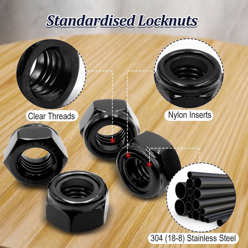 ZQZ 180 Pack Black Locknuts Assortment Kit, M3 M4 M5