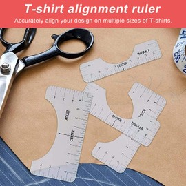 Paquete de 4 reglas de alineación de camisetas para guiar el diseño de camiseta, reglas de diseño de centro de moda con tabla de tallas, diseños de sublimación en camiseta, (4pcs)