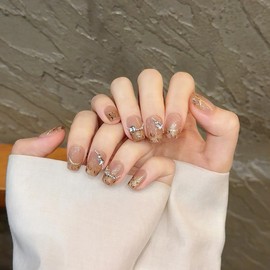 NLSJMP 3D handmade Gel nails press on false nails short square brown Leopard paint rhinestone bling cute acrylic Reusable fake nails designed kit,10 Nails Size S #2096