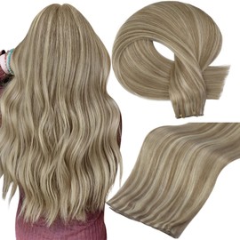 Full Shine Genius Weft Hair Extensions Sew In Hair Extensions 20 Inch 60G Hand Tied Weft Extensions Soft Straight Hair Weft Human Hair Color Light Brown Highlight Platinum Blonde