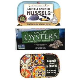 Seafood Bundle Calamari in Oil, Smoked Oysters and Lightly Smoked Mussels Ready to Eat (3 Cans, Calamari, Smoked Oysters, Lightly Smoked Mussels)