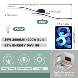 28W Linear Ceiling Light Black Modern LED Ceiling Light Fixture 6000K Aluminum 39.37Inch Long Ceiling Lamp for Hallway, Kitchen, Bedroom, Dining Room