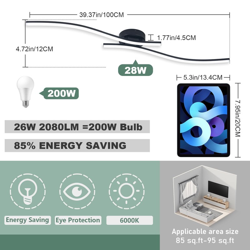 28W Linear Ceiling Light Black Modern LED Ceiling Light Fixture
