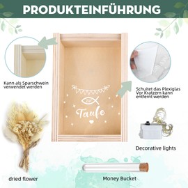 Christening Gift, Money Gift, Christening for Girls and Boys, Includes Dried Flowers, Wooden Box, Plastic Test Tube, Fairy Lights, Money Gifts Packaging (Beige)