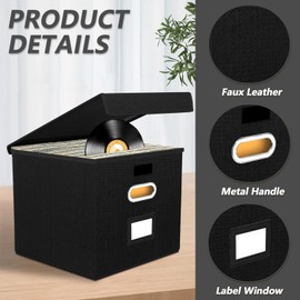 12-inch Vinyl Record Storage Box, Foldable & Stackable LP Storage Boxes Holds up to 90+ Single Records, CD Storage Case with Lid & Handles for Valuable Album, CDs, Passports, Files Collection- Black