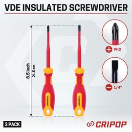 CRIPOP 2 PCS Insulated Screwdrivers Set, 1000V Insulated Electrician Slotted and Phillips Slim Screwdriver Set with Magnetic Tips, VDE Certified