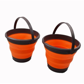 SAMMART Set of 2-5.5L (1.4 gallons) Collapsible Plastic Bucket - Foldable Round Tub with Hanle - Portable Fishing Bucket - Pop Up Saving Outdoor Waterpot. (Brown/Orange (Set of 2))