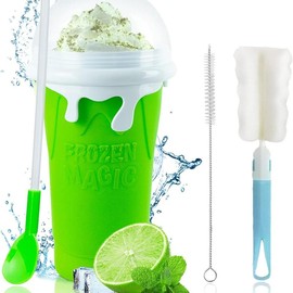 SLUSHY CUPS -SLUSHIE MAKER FOR ANY DRINK COMES WITH SPOON, LID, CLEANING BRUSH (ALL AGES) Kitchen Silicone Utensils Kids Straw Mug:_Large Slushy Cup - Green (500 ml)