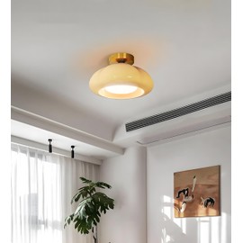 Bofea-Mid-Century Modern Gold Semi Flush Mount Ceiling Light,Kitchen Ceiling Light Fixture with Milk White Glass Shade,Retro White Close to Ceiling Lamp for Bathroom Bedroom Entryway Hallway.