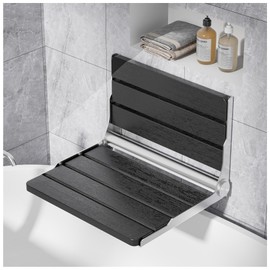 AKIMRABY Folding Shower Seat Wall Mounted, 15" Folding Shower Bench for Elderly, Disabled, Pregnant, Foldable Shower Chair for Small Bathroom, 400 lbs Capacity, Space-Saving Design - Black