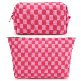 SOIDRAM 2 Pieces Makeup Bag Large Checkered Cosmetic Bag Capacity Canvas Mix Travel Toiletry Bag Organizer Cute Makeup Brushes Aesthetic Accessories Storage Bag for Women, Checkered Mix Rose Red