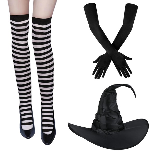 KINBOM 3pcs Halloween Witch Costume, Halloween Witch Hat with High Socks Witch Gloves Witch Hat Party Favors Cosplay Party Decoration (Black)