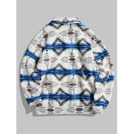 ZAFUL Men’s Aztec Polar Fleece Pullover – Half Button Polo Collar Long Sleeve Sweatshirt(White&Blue/L)