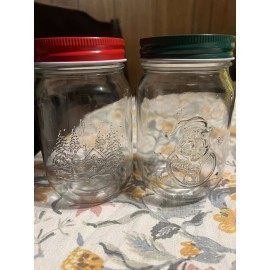 Unbranded Christmas Winter Embossed Glass Jars Snowman Snow Village Set of 2 with Lids