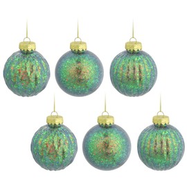 Iridescent Green Blue Gold Rainbow Glitter Christmas Tree Baubles - Set of 6