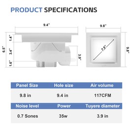 POWERENG Bathroom Exhaust Fan with Light,9.8 in Panel,6000K 12W Square LED,117CFM 0.7 Sones 4 Inches Duct 115V,Quiet Bathroom Ventilation Exhaust Fan for Shower/Restroom/Office/Home (6000K LED)