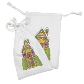 Ambesonne Gingerbread Man Fabric Pouch Set of 2, Dessert Themed House Colorful Candies Cookie Man Graphic, Small Drawstring Bag for Toiletries Masks and Favors, 9" x 6", Multicolor
