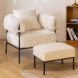 HollyHOME Modern Velvet Accent Chair with Ottoman, Upholstered Comfy Reading Chair and Footstool, Fabric Large Lazy Arm Chair and Stool, Lounge Sofa Chair for Living Room, Bedroom, Beige Chair&Stool