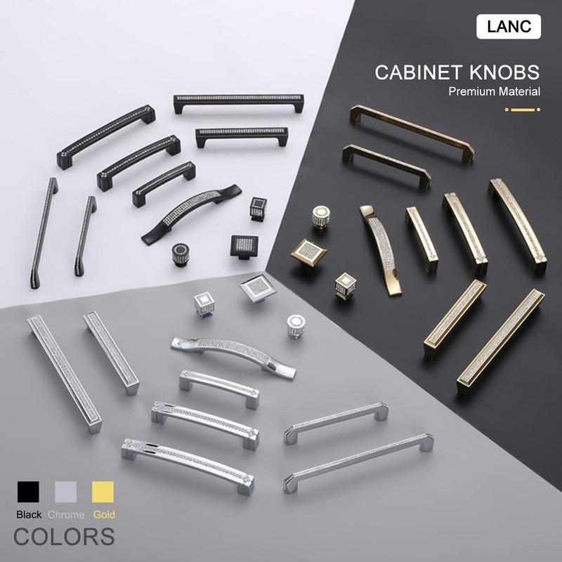 LANC Black Crystal Cabinet Knob Kitchen Knobs - Matte Black