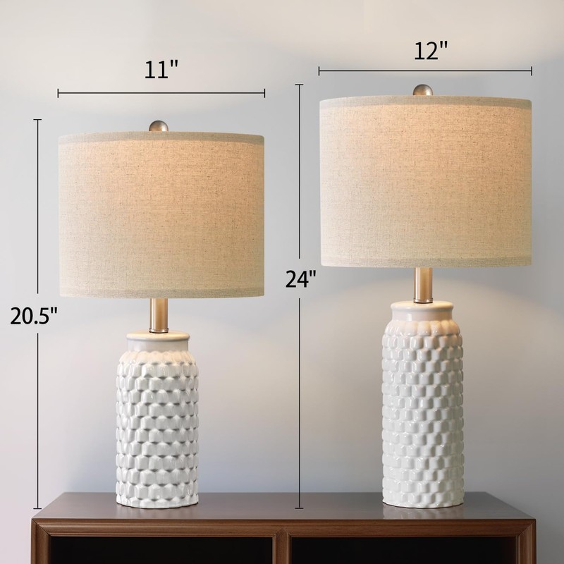 USumkky 24" Modern Ceramic White Bedside Lamp Set of 2