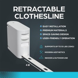 BLOGLOER Retractable Washing Line 4 m - 25 kg Load Capacity, Non-Slip Hole Design & 180° Folding Function - 2 cm TPU Rope for Small Home/Motorhome/Balcony/Laundry Room, Wall Mounting No Drilling