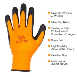 ACKTRA 24 pairs, Crinkle Rubber Coated Safety WORK Gloves for Gardening, Construction, Warehouse, for Men & Women, Orange Polyester Black Latex Coating, Bulk Pack WG008, Medium