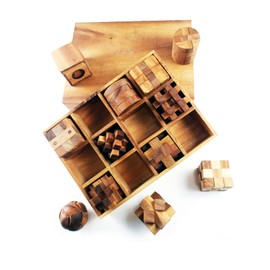 Wooden Puzzle Box Sets include 3D brain teasers, logic puzzles, and interlocking games for adults and teens—a gift That will add brain-bending fun to your decor. (12-set-wooden)