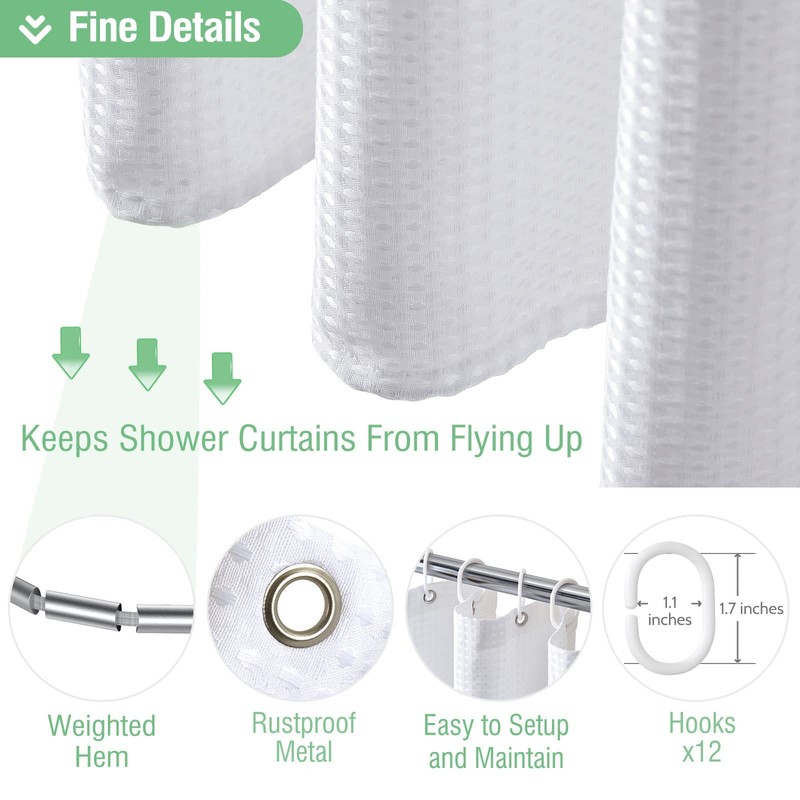Dynamene Long White Fabric Shower Curtain - Waffle Textured Tall