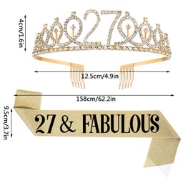 UVATAHONA 27th Birthday Sash and Tiara for Women, 27 & Fabulous Sash and Tiara Birthday Crown, Happy 27th Birthday Gifts for Queen Woman Party Favors Supplies and Decorations, Gold