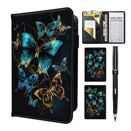 RAUEDWDJS RAUEDWDJS Server Book for Waitress with Everlasting Pencil, Money Pocket Leather Wallet Booklet, Guest Check Receipt Holder Presenters, Waiter Accessories Fit Server Apron-Blue Butterfly