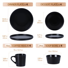 Plates and Bowls Sets for 4 - CJDC-QUELO 16 Piece Stoneware Dinnerware Sets with Mugs, Ceramic Dishware Sets for Kitchen Dining Use, Chip and Scratch Resistant Microwave Dishwasher Safe, Black