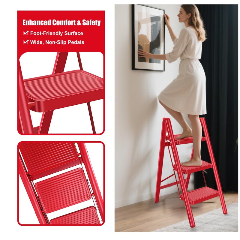 3 Step Ladder Stool for Adults, Folding Steel Step Stool