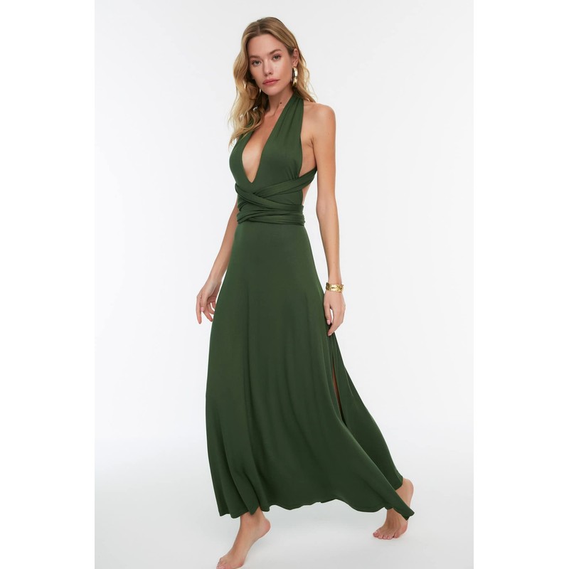 TRENDYOL Women's beachwear maxi A-line regular woven fabric dress, khaki,