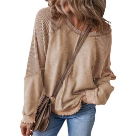 SHEWIN Womens Sweatshirt Casual Long Sleeve Tops for Women Crewneck Sweatshirts Warm Lightweight Comfort Oversized Sweatshirt for Women Khaki Large