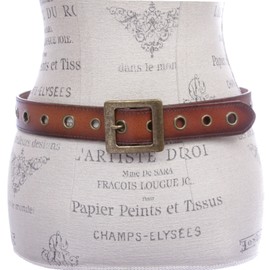 Beltiscool Square Buckle Grommets Vintage Distressed Leather Jean Belt - Brown, s 29"-32"