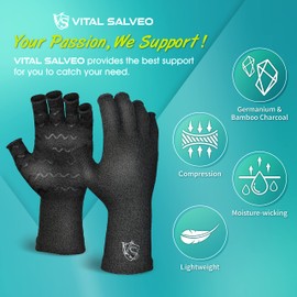 Vital Salveo-日常的な使用で快適な圧迫サポートを提供する 男女兼用すべり止め付き フィンガーレスまたはハーフ フィンガーレス 指あり圧迫手袋（1組）ダークグレーXL