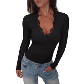 REORIA Women's Lace V Neck Long Sleeve Bodysuits Trendy Going Out Body Suit Tops Fall Outfits 2025 Black Medium